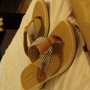 Sperry Flip Flops. Leather with blue and white stripes. Off white sole. Size 7